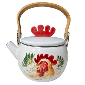 Vintage Rooster Tea Kettle Hand Painted Enamel Rooster Kettle Wood Handle 3D Lid